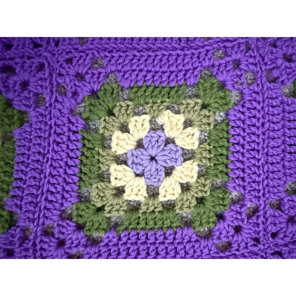 Groovy Granny Square Handmade Crocheted Afghan Throw Blanket 48x70 Purple Green